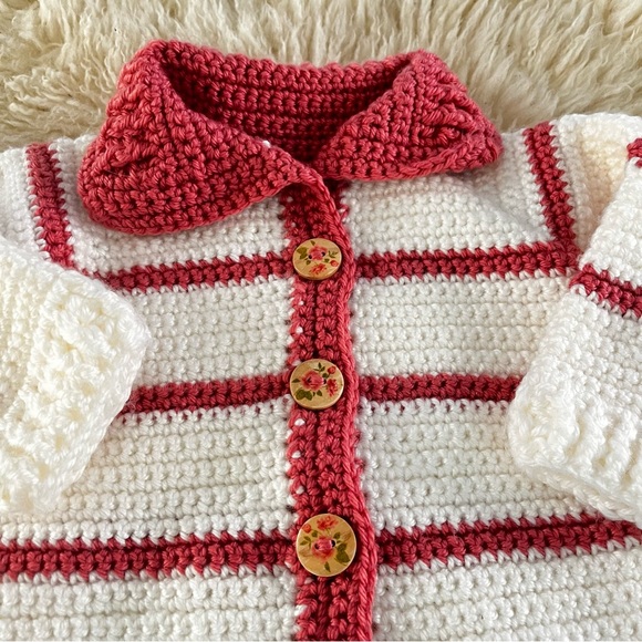 Handmade Striped Baby Girl Crocheted Button Up Sweater 3-6 Months Grannycore New - Picture 8 of 9